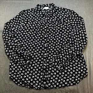 NWT Ann Taylor Loft Black White Hearts Long Sleeve Button Front Blouse Large